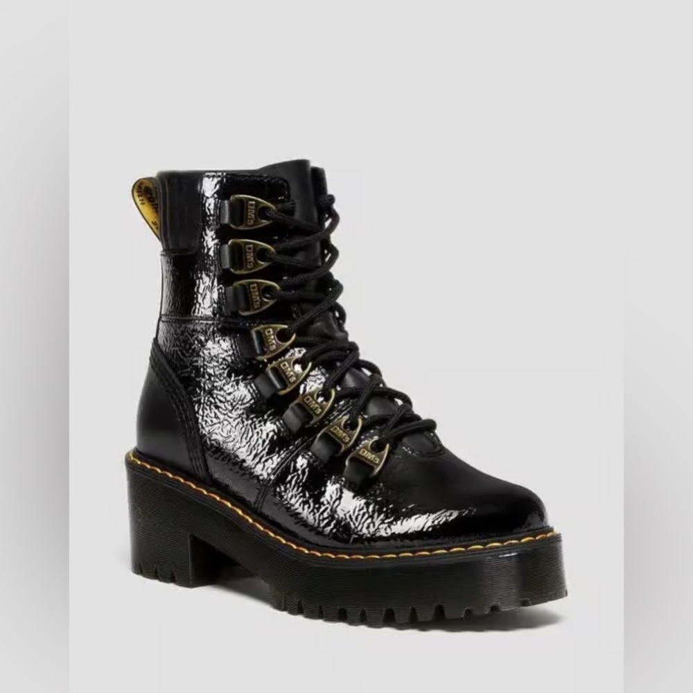 LAURENNE DISTRESSED PATENT LEATHER LACE UP HEEL BOOTS